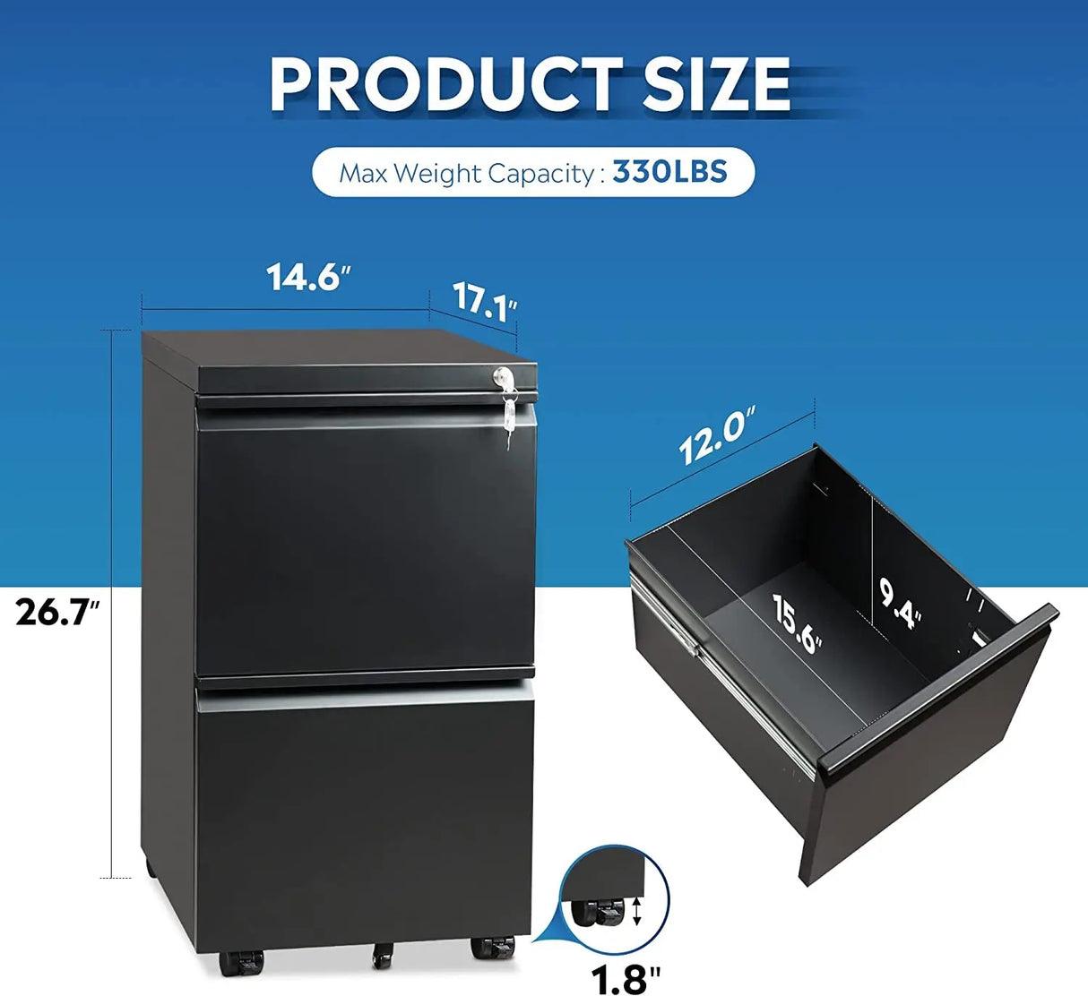 2-Drawer Mobile File Cabinet with Lock, Vertical Filing Cabinet, Black