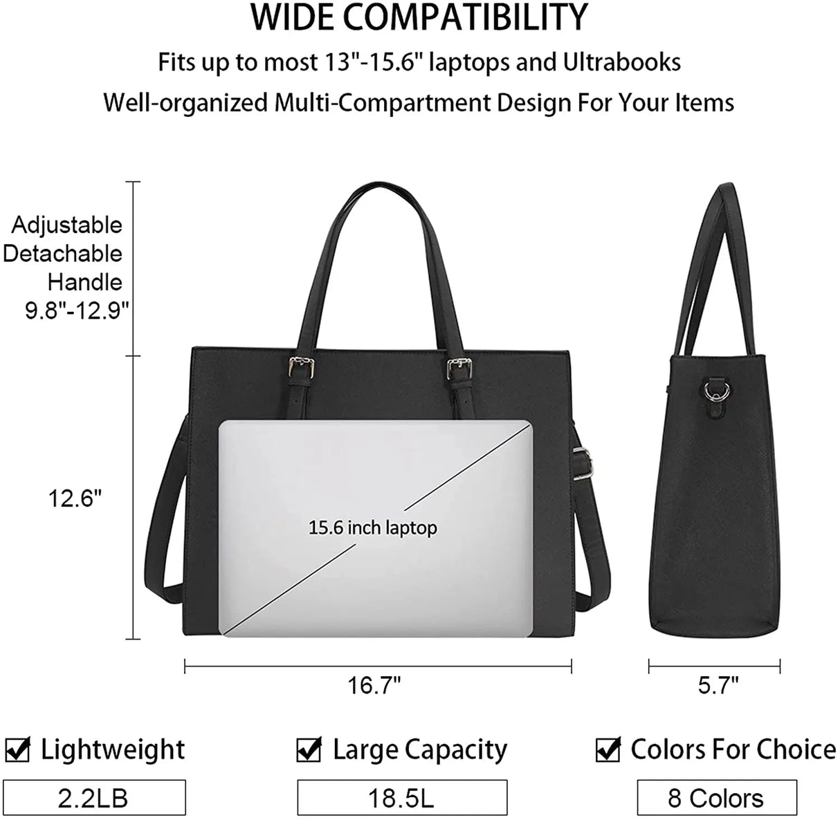 Laptop Bag for Women Waterproof Lightweight Leather 15.6 Inch Computer Tote Bag Business Office Briefcase Large Capacity Handbag Shoulder Bag Professional Office Work Bag Black