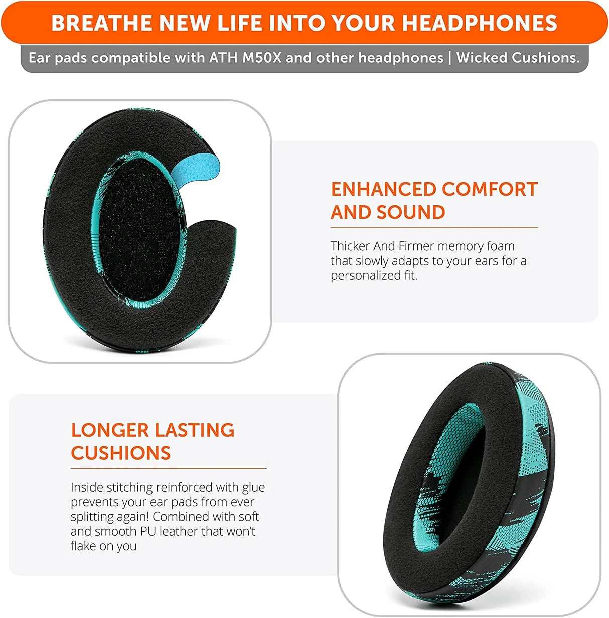 Wicked Cushions Velour Replacement Earpads for ATH M50X - Compatible with ATH M40X / M50XBT / Hyperx Cloud 1 & 2 / Steelseries Arctis 3/5 / 7 / 9X & Pro/Stealth 600 & More (Speedracer Cyan)