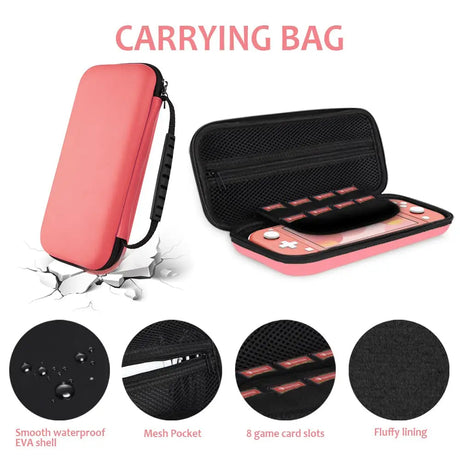 8PCS Case Compatible with Switch Lite, Carrying Case Accessories Kit, 1 Soft Silicon Case + 2 Screen Protector + 4 Thumb Caps + 1 Storage Carrying Coral