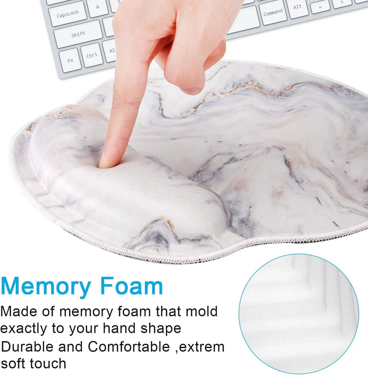 Mouse Pads with Wrist Support,Ergonomic Mouse Pad for Men Women,Wrist Rest Mouse Pad for Laptop Computers,Non Slip Memory Foam Mousepad Stitched Edges,Home Working Office Gaming ,White Marble