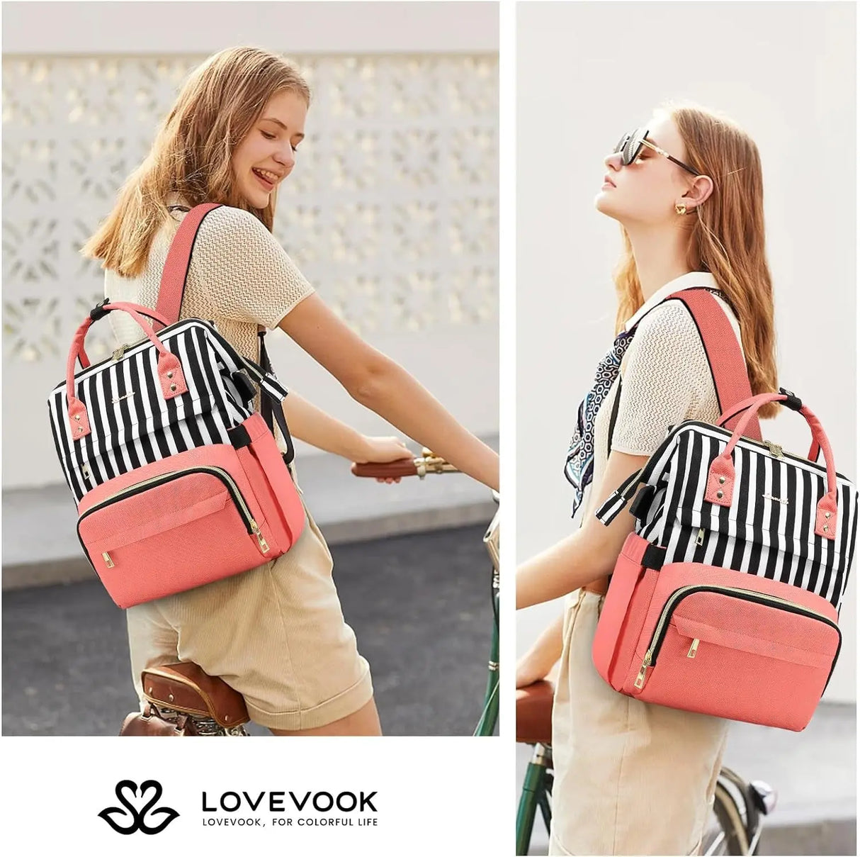 Laptop Backpack for Women,15.6 Inch Professional Womens Travel Backpack Purse Computer Laptop Bag Nurse Teacher Backpack,Waterproof Work Bags Carry on Back Pack with USB Port,Stripe Pink