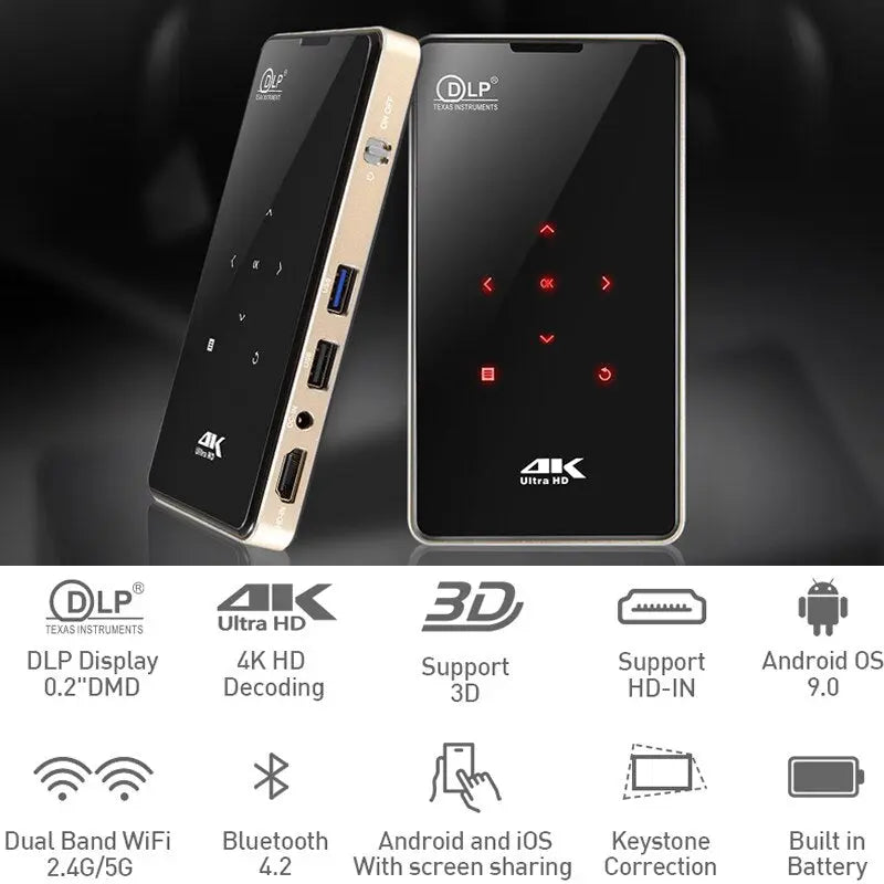 HD Portable Mini 3D 4K DLP Projector Android 9.0 5G WIFI Mobile Pocket Beamer Smartphone Home Video Game Proyector