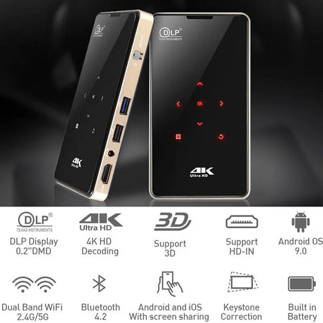 HD Portable Mini 3D 4K DLP Projector Android 9.0 5G WIFI Mobile Pocket Beamer Smartphone Home Video Game Proyector
