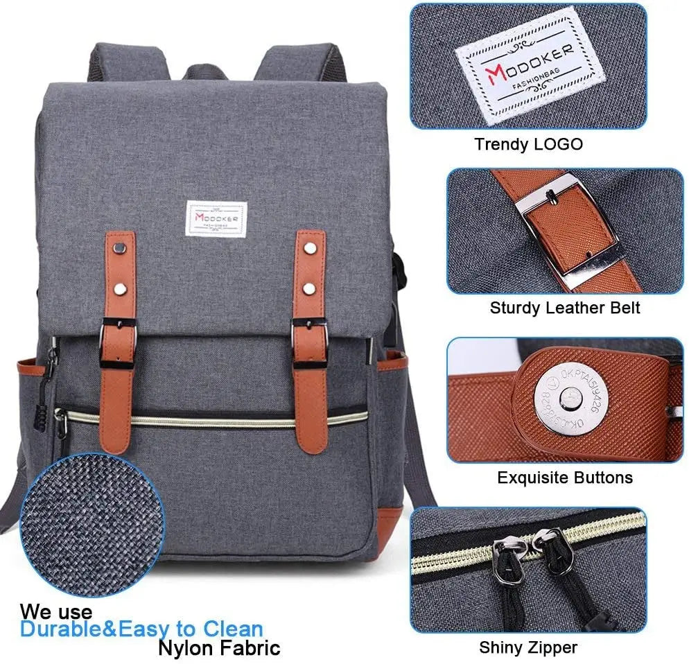 Vintage Laptop Backpack for Women Men,Travel Backpacks with USB Charging Port Fashion Backpack Fits 15.6Inch Notebook, Grey