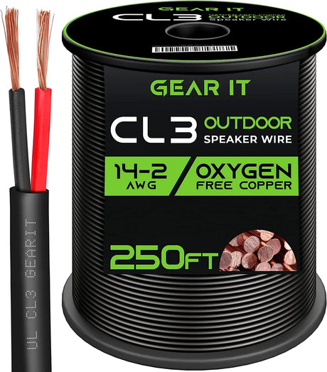 14/2 Speaker Wire (250 Feet) 14AWG Gauge - Outdoor Direct Burial in Ground/In Wall / CL3 CL2 Rated / 2 Conductors - OFC Oxygen-Free Copper, Black 250Ft