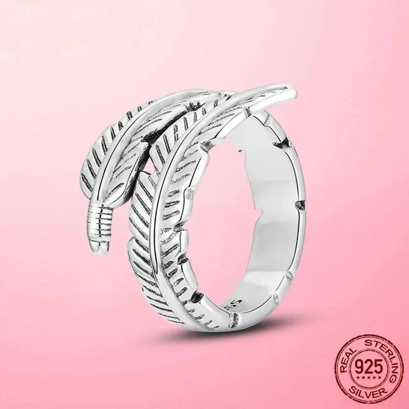 2023 Hot 925 Silver Open Size Ring Silver Finger Ring for Women Classic Feather Wings Wedding Engagement Party Band Ring Jewelry