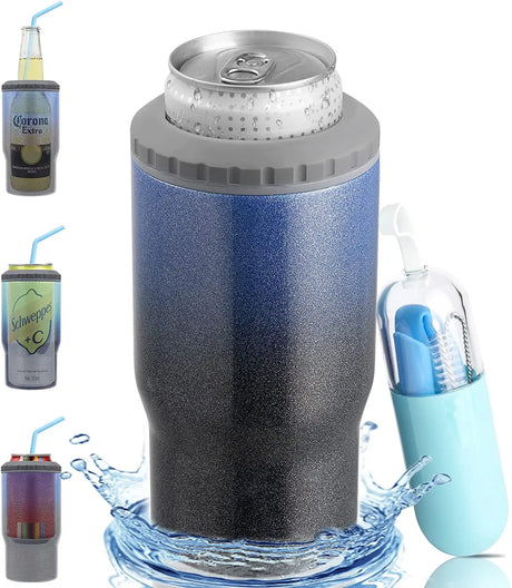 4 in 1 Can Cooler Water Bottle, 12Oz Stainless Steel Beer Bottle with Straw Fits Slim Skinny Bottle & Can, Non-Slip | Indigo Crush