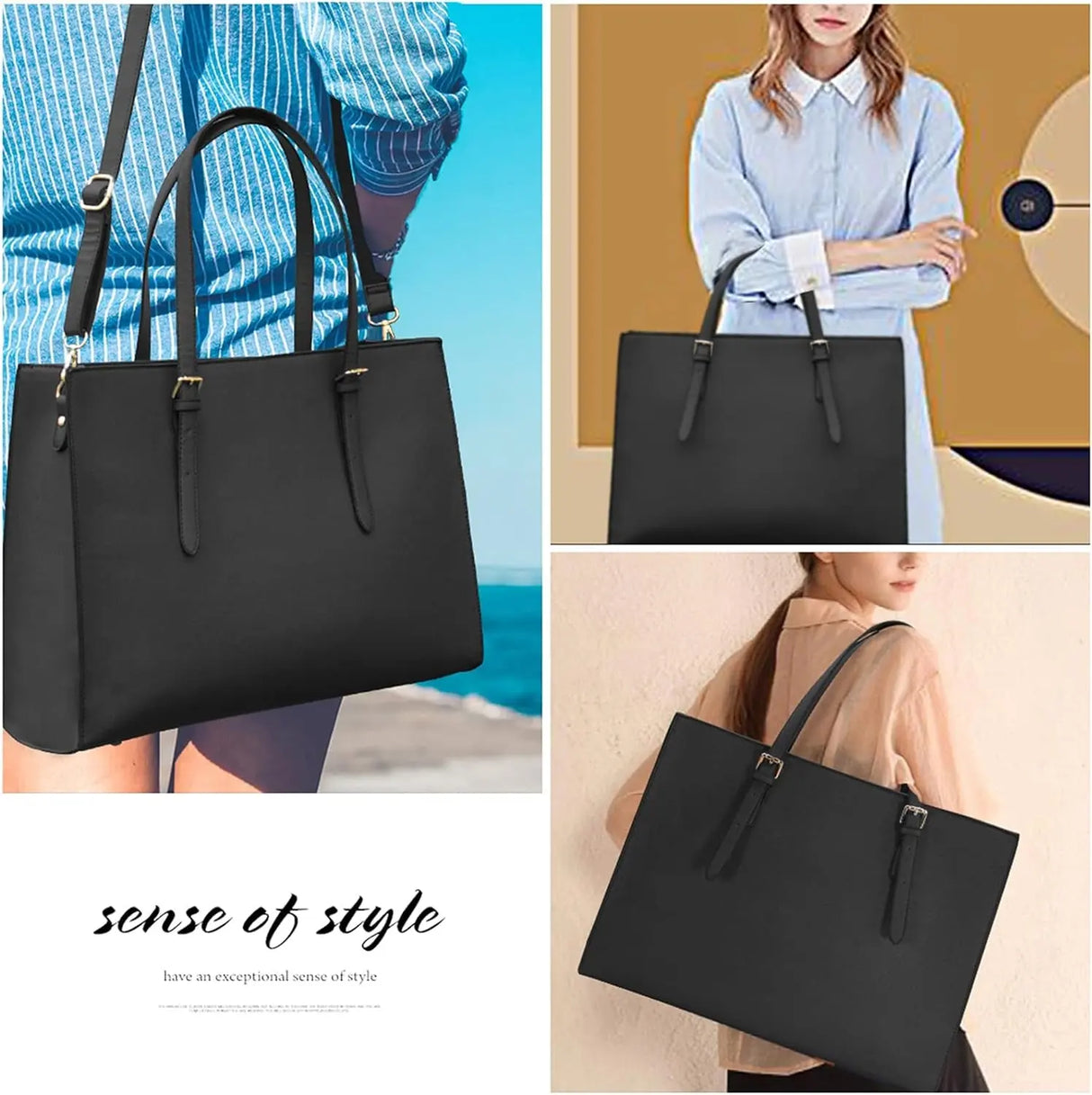 Laptop Bag for Women Waterproof Lightweight Leather 15.6 Inch Computer Tote Bag Business Office Briefcase Large Capacity Handbag Shoulder Bag Professional Office Work Bag Black