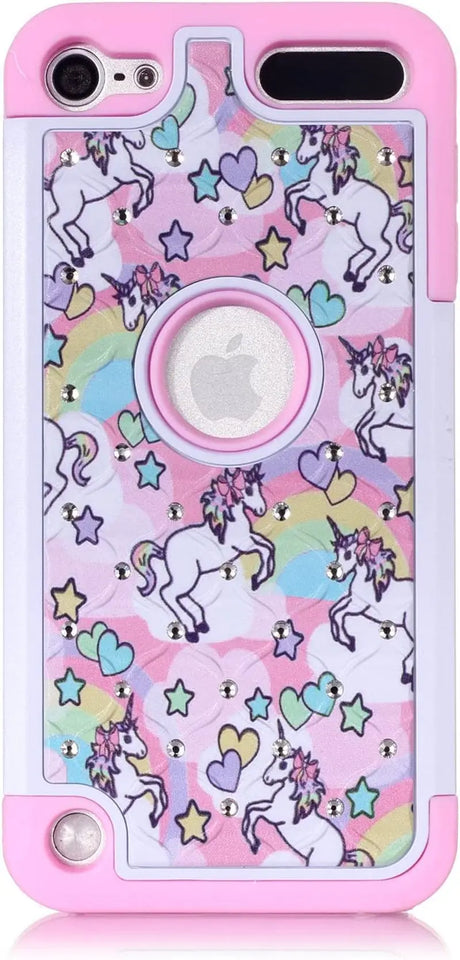 Case Town Compatible with Ipod Touch 5,6Th, Ipod 7Th Generation Case, Rainbow Unicorn Pattern Shockproof Studded Rhinestone Crystal Bling Hybrid Case Silicone Armor for Apple Ipod Touch 5 6Th