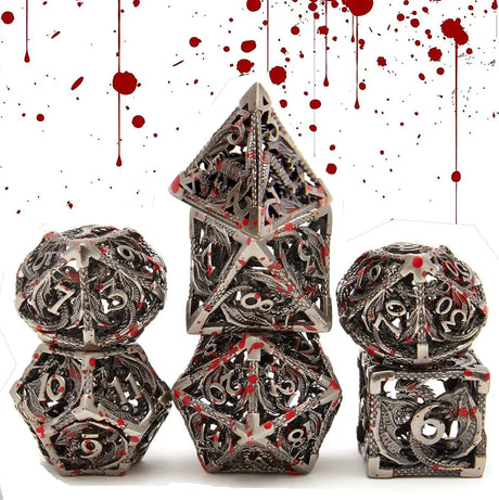 Hollow Metal DND Game Dice Dragon Shape Carved Ancient Bloodstain 7Pcs Set for Dungeons and Dragons RPG MTG Table Games D&D Pathfinder Shadowrun and Math Teaching (With Metal Case)