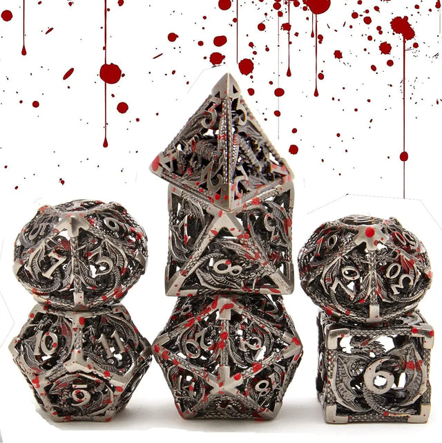 Hollow Metal DND Game Dice Dragon Shape Carved Ancient Bloodstain 7Pcs Set for Dungeons and Dragons RPG MTG Table Games D&D Pathfinder Shadowrun and Math Teaching (With Metal Case)