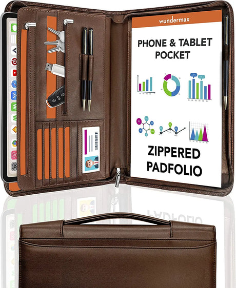 13X10.7X1.9In Vegan Leather Padfolio for Men/Women with Handle, Zipper, Notepad, Detachable Binder, Tablet Pocket - Brown