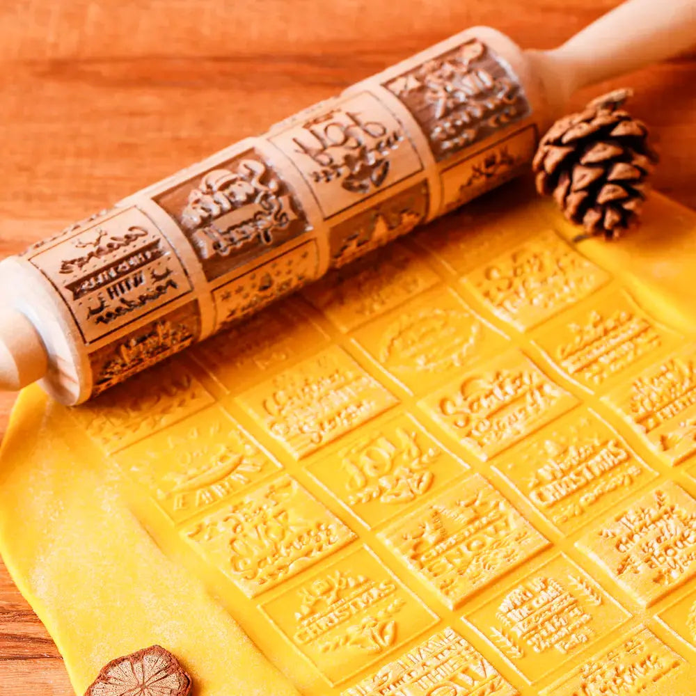 1Pc 13.7In Wooden Christmas Embossed Rolling Pin for Pastry Baking Tools,Santa Claus Elk Boots Deep Engraving Cookies Stamp Tool