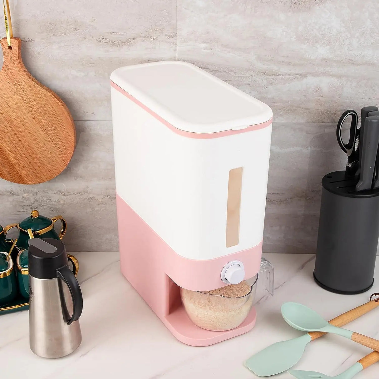 25 Lbs Pink Rice Dispenser, Plastic Food Storage Container, Large Rice Storage Container with Lid, Moisture Proof Household Cereal Dispenser Bucket, Sealed Grain Container Storage for Kitchen