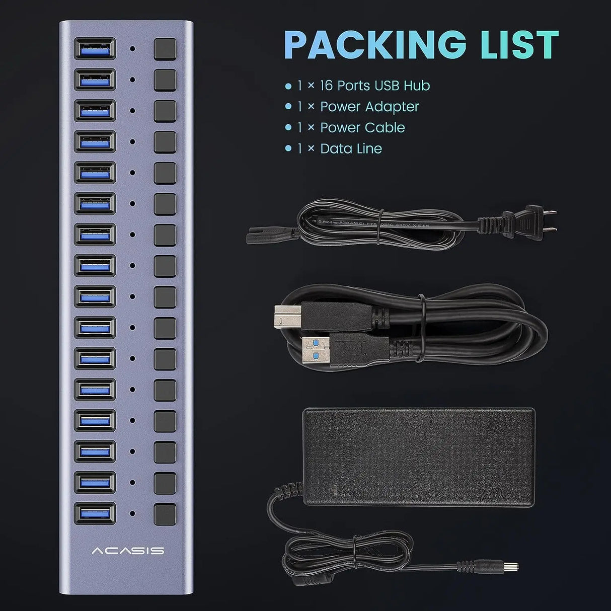 Powered USB Hub -  16 Ports 90W USB 3.0 Data Port, Aluminum Housing, Individual On/Off Switches, 12V/7.5A Power Adapter, 5Gbps High Speed, USB 3.0 Hub for Laptop, PC, Computer, Mobile HDD
