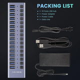 Powered USB Hub -  16 Ports 90W USB 3.0 Data Port, Aluminum Housing, Individual On/Off Switches, 12V/7.5A Power Adapter, 5Gbps High Speed, USB 3.0 Hub for Laptop, PC, Computer, Mobile HDD
