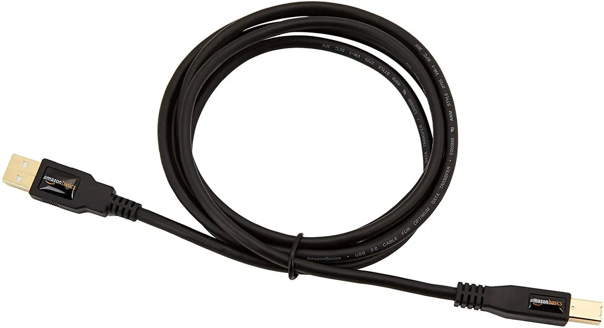 USB-A to USB-B 2.0 Cable for Printer or External Hard Drive, Gold-Plated Connectors, 6 Foot, Black