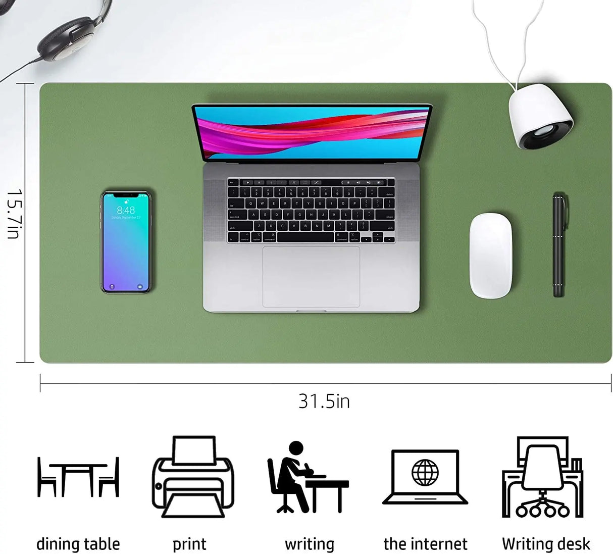 Leather Desk Pad Protector,Mouse Pad,Office Desk Mat, Non-Slip PU Leather Desk Blotter,Laptop Desk Pad,Waterproof Desk Writing Pad for Office and Home (31.5" X 15.7",Olive Green)