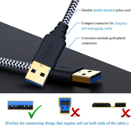 Male to Male USB 3.0 Cable, 2-Pack 3FT/1M Short Braided USB Type a to a Cable Cord for Data Transfer, DVD Player, Laptop Cooler and More, White