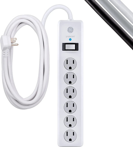 6-Outlet Sur Protector, 15 Ft Extension Cord, Power Strip, 800 Joules, Flat Plug, Twist-To-Close Safety Covers, Protected Indicator Light, UL Listed, White, 50768