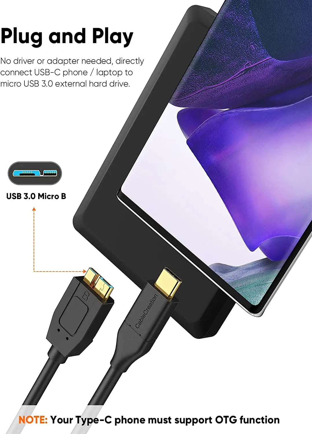 1FT USB C to Micro B Cable, 10Gbps Transfer Speed, Compatible with Iphone 15 Plus/15 Pro Max, WD My Passport External Drive, Black