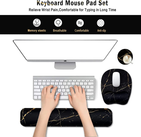 Keyboard Wrist Rest Mouse Pad Wrist Support for Computer/Laptop Memory Foam Keyboard Pad Ergonomic Hand Rest Wrist Cushion for Home Office Gaming - Black Marble