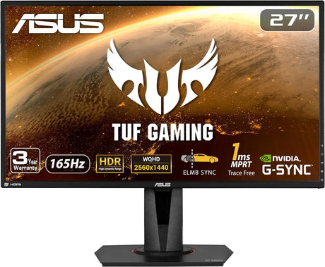 TUF Gaming 27" 2K HDR Gaming Monitor (VG27AQ) - QHD (2560 X 1440), 165Hz (Supports 144Hz), 1Ms, Extreme Low Motion Blur, Speaker, G-SYNC Compatible, VESA Mountable, Displayport, HDMI ,Black