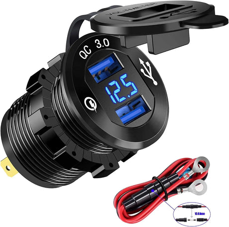 12V USB Outlet Quick Charge 3.0 Dual USB Charger Socket, USB Cigarette Lighter Socket with LED Voltmeter, Waterproof Aluminum Car Charger Adapter DIY Kit for Car Marine Truck Golf Cart RV, Etc.