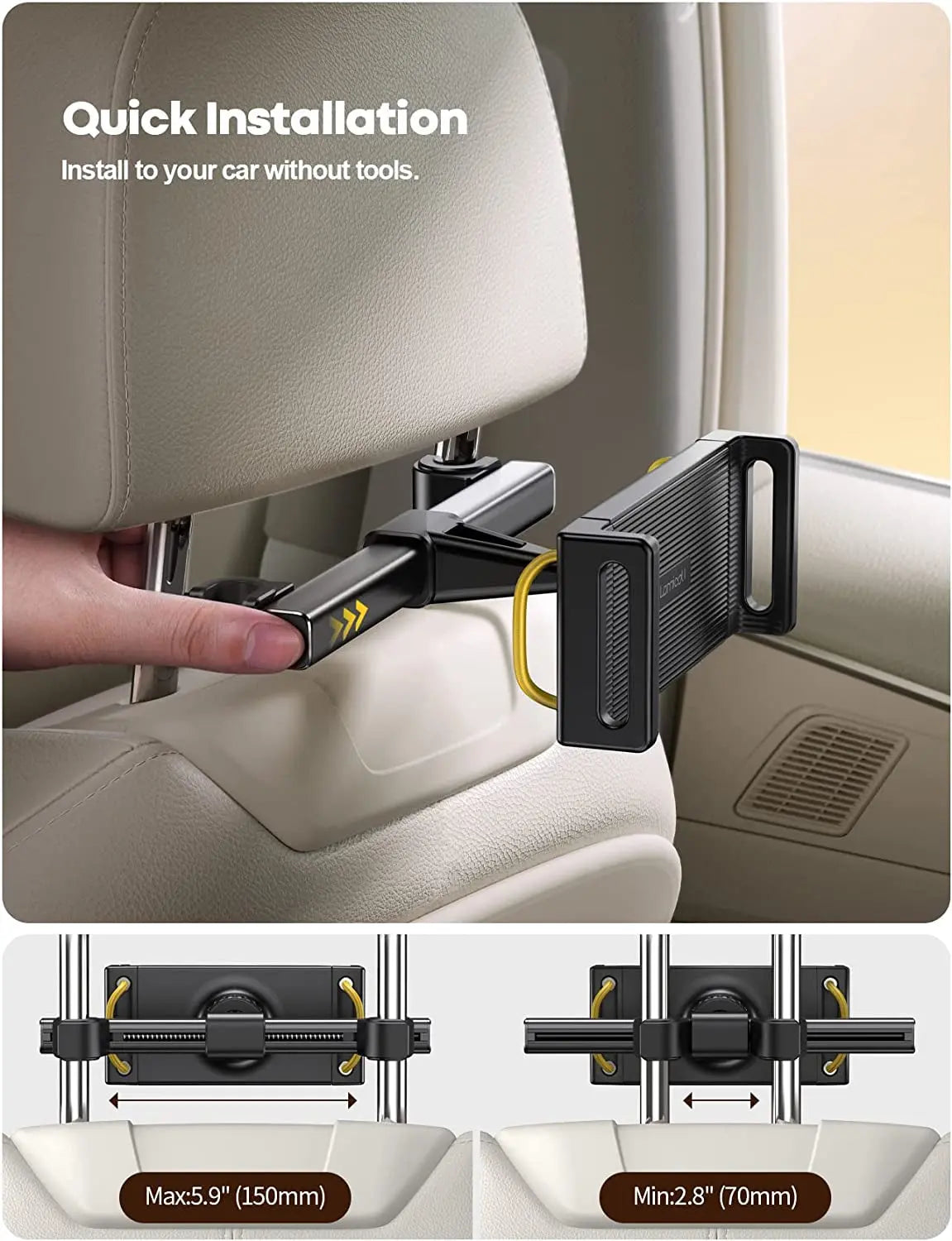 Car Tablet Headrest Holder - Car Back Seat Headrest Tablet Mount Stand for Kids, Road Trip Essentials, Compatible with Ipad Pro Air Mini, Galaxy Tab, Other 5.5 to 8.6" Wide Devices, Black