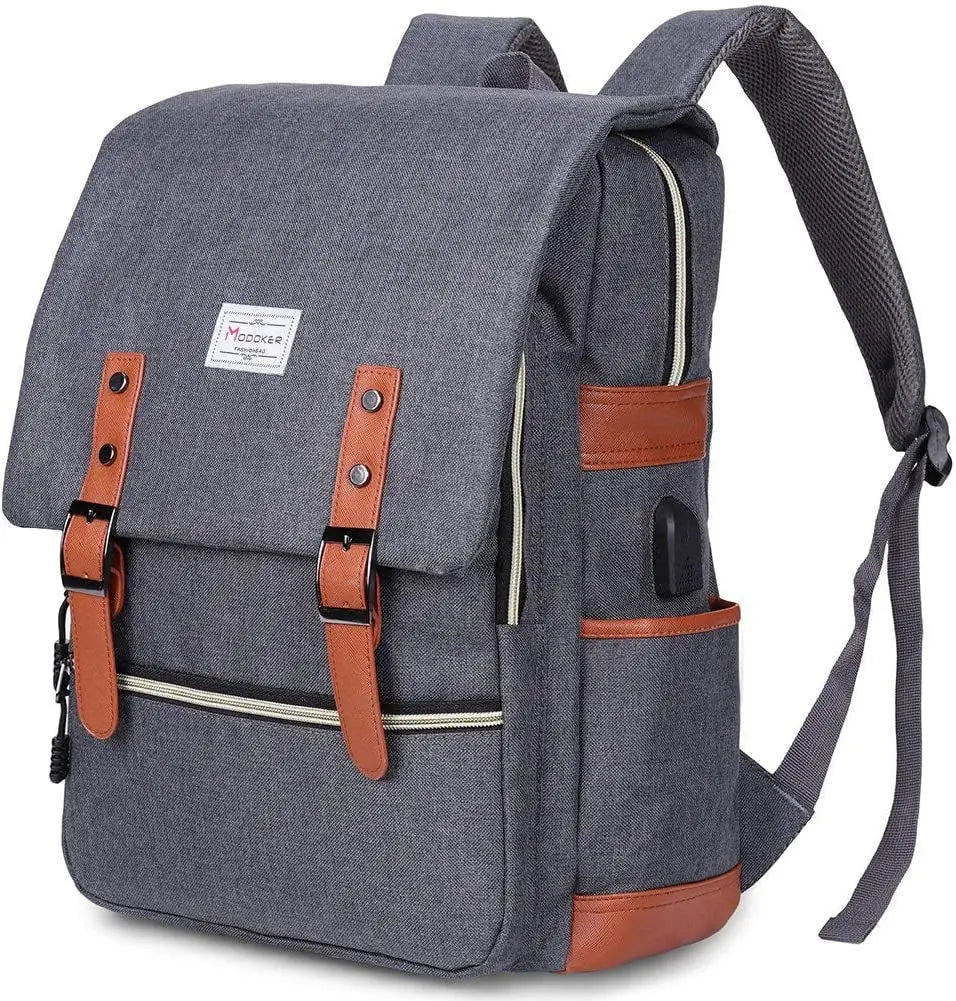 Vintage Laptop Backpack for Women Men,Travel Backpacks with USB Charging Port Fashion Backpack Fits 15.6Inch Notebook, Grey