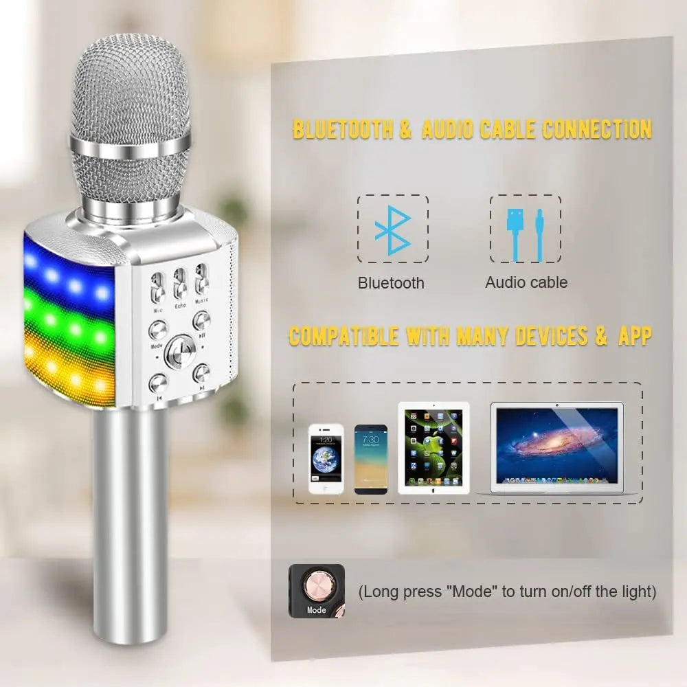 Wireless Bluetooth Karaoke Microphone with Controllable LED Lights, 4 in 1 Portable Karaoke Machine Mic Speaker for All Smartphones, Birthday Holiday Party Gifts for Kids & Adults(Q36 Silver)