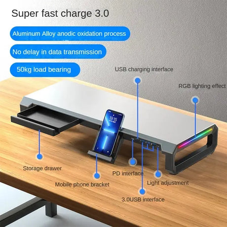 RGB Gaming Computer Monitor Stand, Riser with 4 USB, Foldable Monitor Riser, Storage Drawer and Phone Holder for PC and Laptop