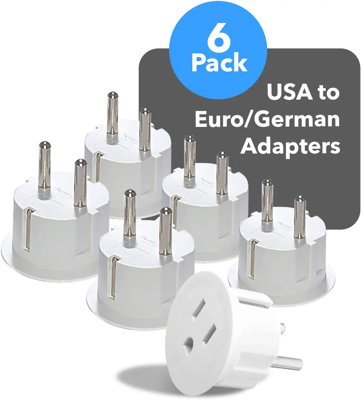 American USA to European Schuko Germany Plug Adapters CE Certified Heavy Duty - 6 Pack - Perfect for Travelling with Cell Phones, Laptops, Cameras & More