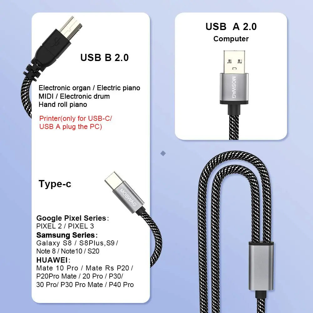 2In1 USB C to USB B Printer Cable 5Feet/1.5M with USB Printer Cable USB A-Male to B-Male Cable Compatible with Macbook Pro,Hp,Canon,Brother,Samsung Printers