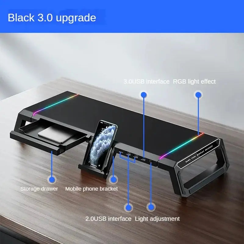 RGB Gaming Computer Monitor Stand, Riser with 4 USB, Foldable Monitor Riser, Storage Drawer and Phone Holder for PC and Laptop