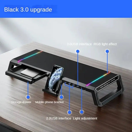 RGB Gaming Computer Monitor Stand, Riser with 4 USB, Foldable Monitor Riser, Storage Drawer and Phone Holder for PC and Laptop