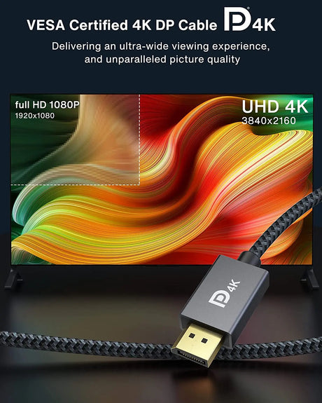 VESA Certified Displayport Cable, 6.6Ft DP Cable 1.2,[4K@60Hz, 2K@165Hz, 2K@144Hz], Gold-Plated Braided High Speed Display Port Cable 144Hz, for Gaming Monitor, Graphics Card, TV, PC, Laptop