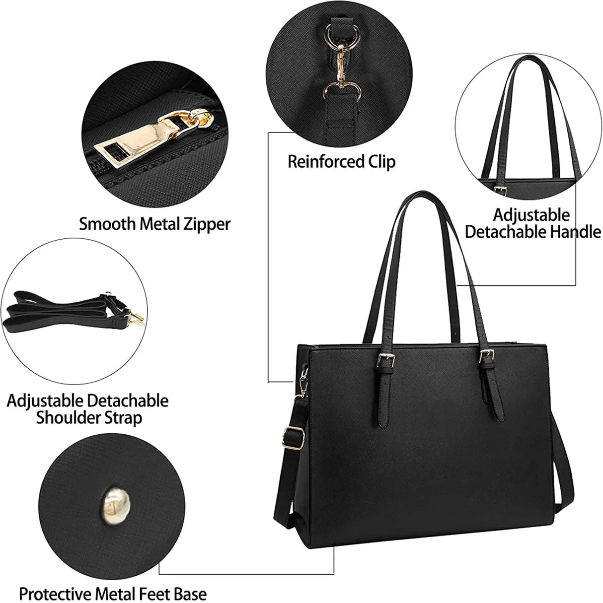 Laptop Bag for Women Waterproof Lightweight Leather 15.6 Inch Computer Tote Bag Business Office Briefcase Large Capacity Handbag Shoulder Bag Professional Office Work Bag Black