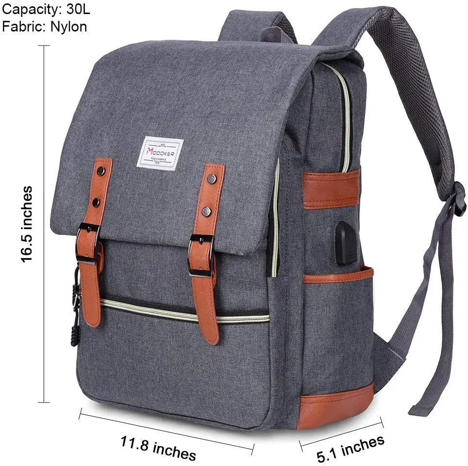 Vintage Laptop Backpack for Women Men,Travel Backpacks with USB Charging Port Fashion Backpack Fits 15.6Inch Notebook, Grey