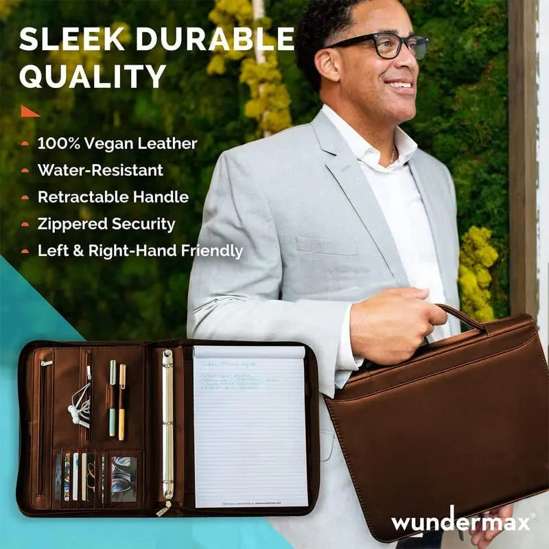 13X10.7X1.9In Vegan Leather Padfolio for Men/Women with Handle, Zipper, Notepad, Detachable Binder, Tablet Pocket - Brown