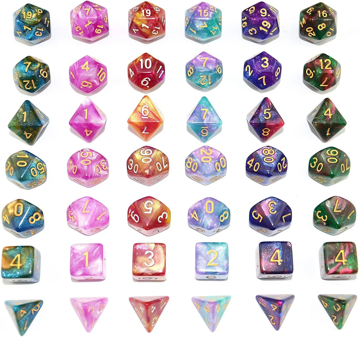 6 X 7 Sets (42 Pcs) Glitter Polyhedral Dice Sets with Pouches for DND RPG MTG Dungeon and Dragons Table Board Roll Playing Games D4 D8 D10 D12 D20 (6 Sets)
