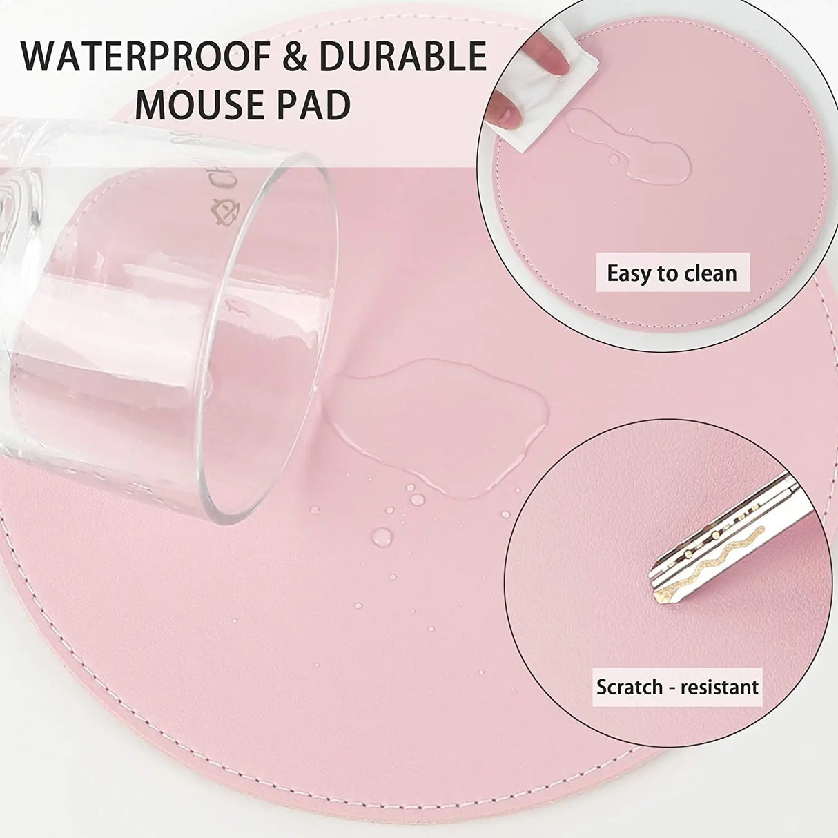 2 Pack Ultra Thin Waterproof PU Leather Mouse Pad,Stitched Edges,Works for Computers, Laptop,All Types of Mouse Pad, Office/Home(8.66'', 2 Pack, Pink)