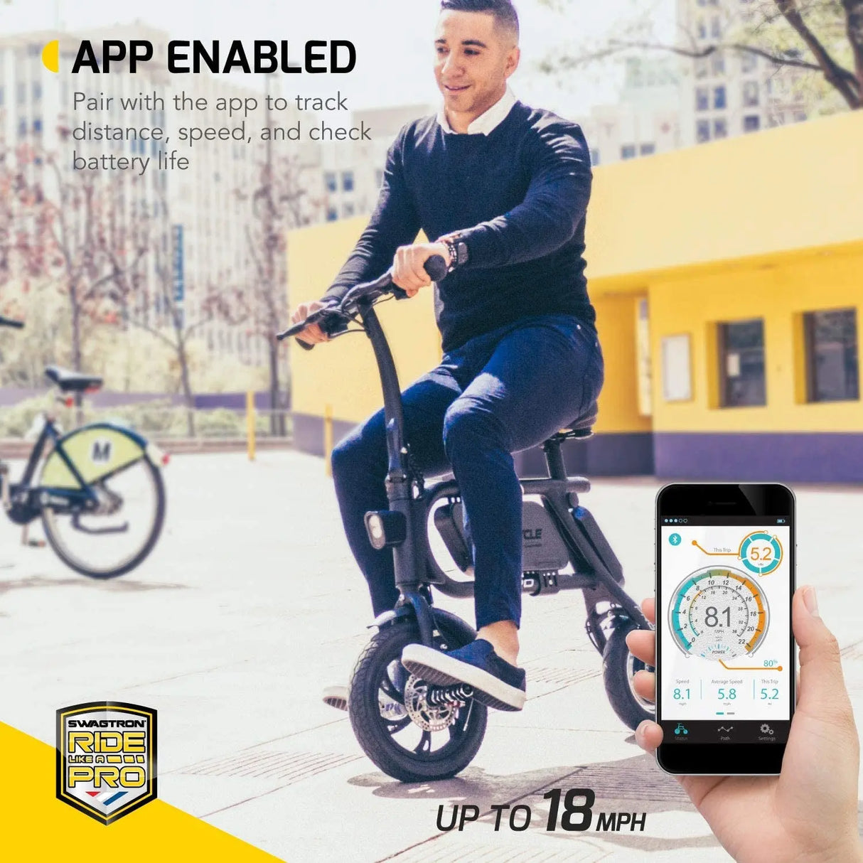 Swagcycle Pro Pedal-Free App-Enabled Folding Electric Bike with USB Port to Charge on the Go