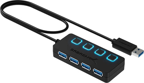 4-Port USB Hub, USB 3.0 Fast Data Hub with Individual LED Power Switches, 2 Ft Cable, Slim & Portable, for Mac & PC (HB-UM43)