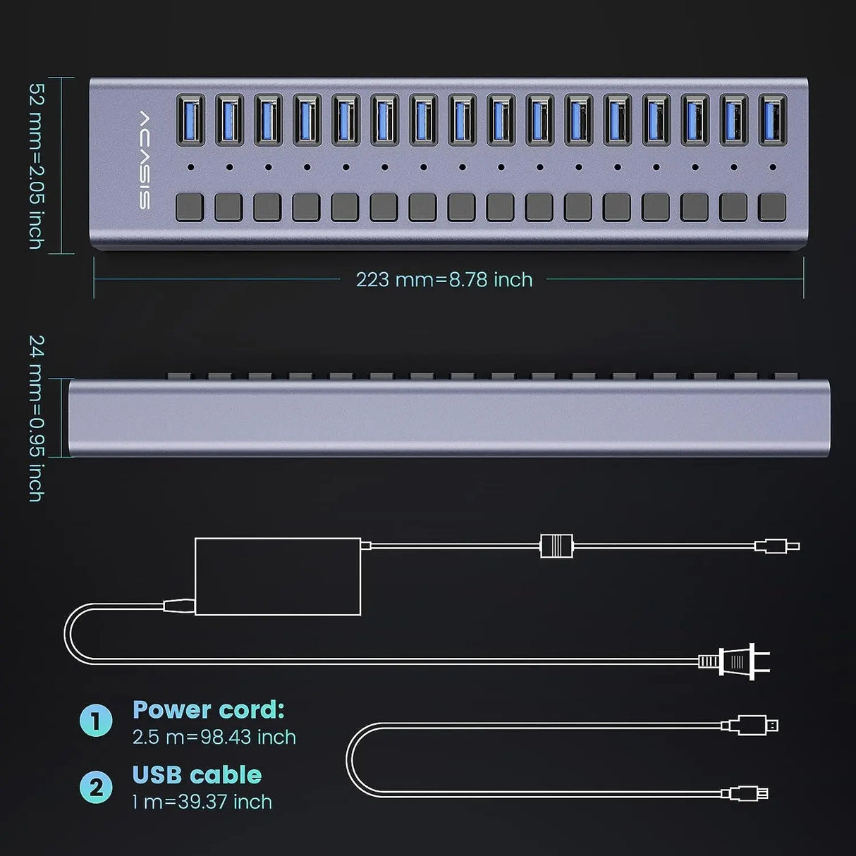 Powered USB Hub -  16 Ports 90W USB 3.0 Data Port, Aluminum Housing, Individual On/Off Switches, 12V/7.5A Power Adapter, 5Gbps High Speed, USB 3.0 Hub for Laptop, PC, Computer, Mobile HDD