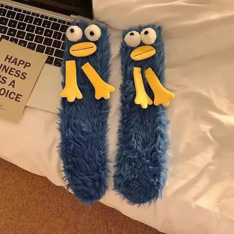 1Pair Ugly and Cute Funny Mink Fleece Floor Socks Thickened and Warm Autumn and Winter Cartoon Medium Sleeve Home Socks Big Eye