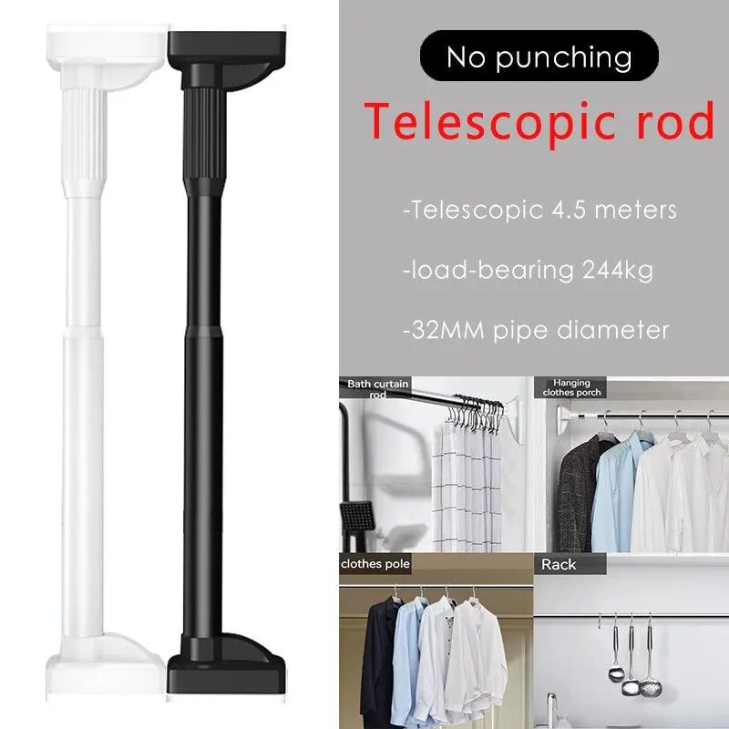 40-450CM White Shower Curtain Rod Adjustable Stainless Steel Tension Telescopic Rod for Bathroom Windows No Drill Simple Bracket
