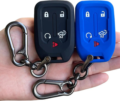 2PCS Silicone Smart Key Fob Case Cover for 2023 2022 2021 2020 2019 Chevy Silverado and GMC Sierra 1500 2500HD 3500HD, Remote Protector Accessories Holder(5-Button, Black and Blue)