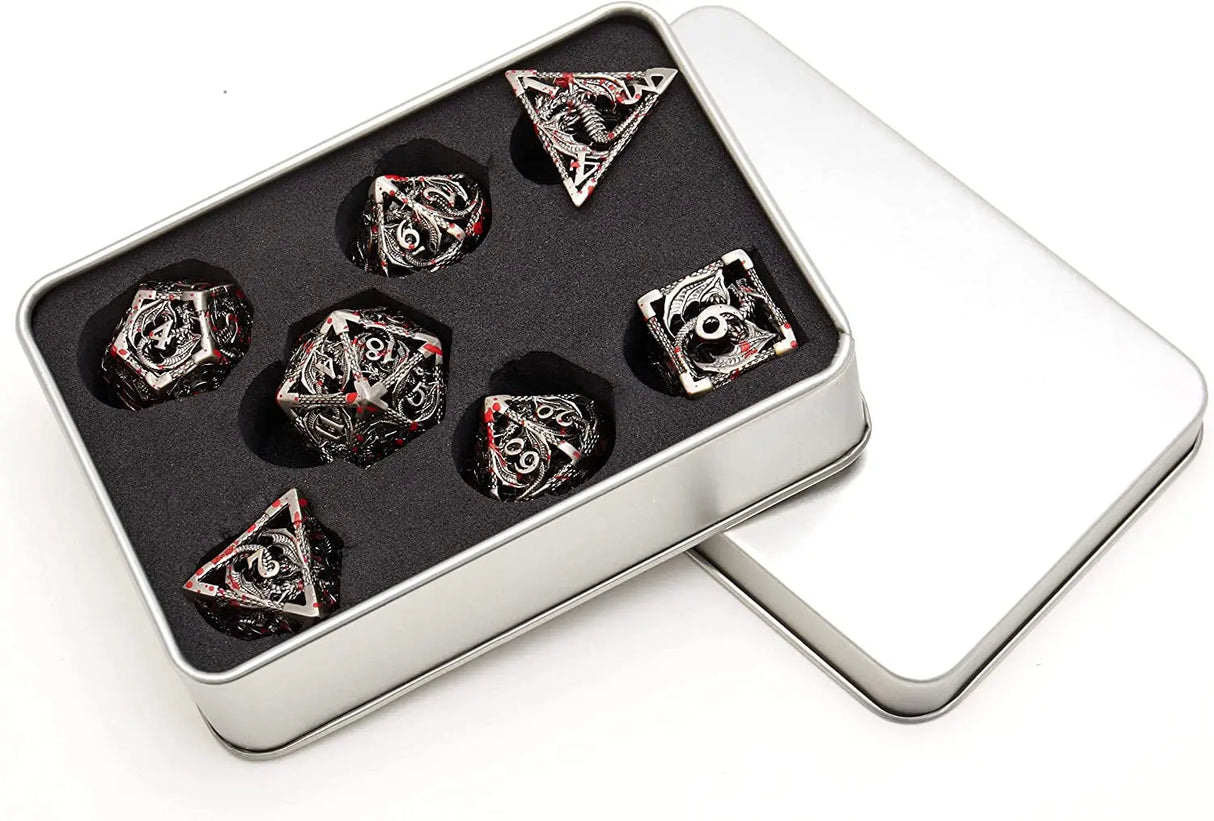 Hollow Metal DND Game Dice Dragon Shape Carved Ancient Bloodstain 7Pcs Set for Dungeons and Dragons RPG MTG Table Games D&D Pathfinder Shadowrun and Math Teaching (With Metal Case)